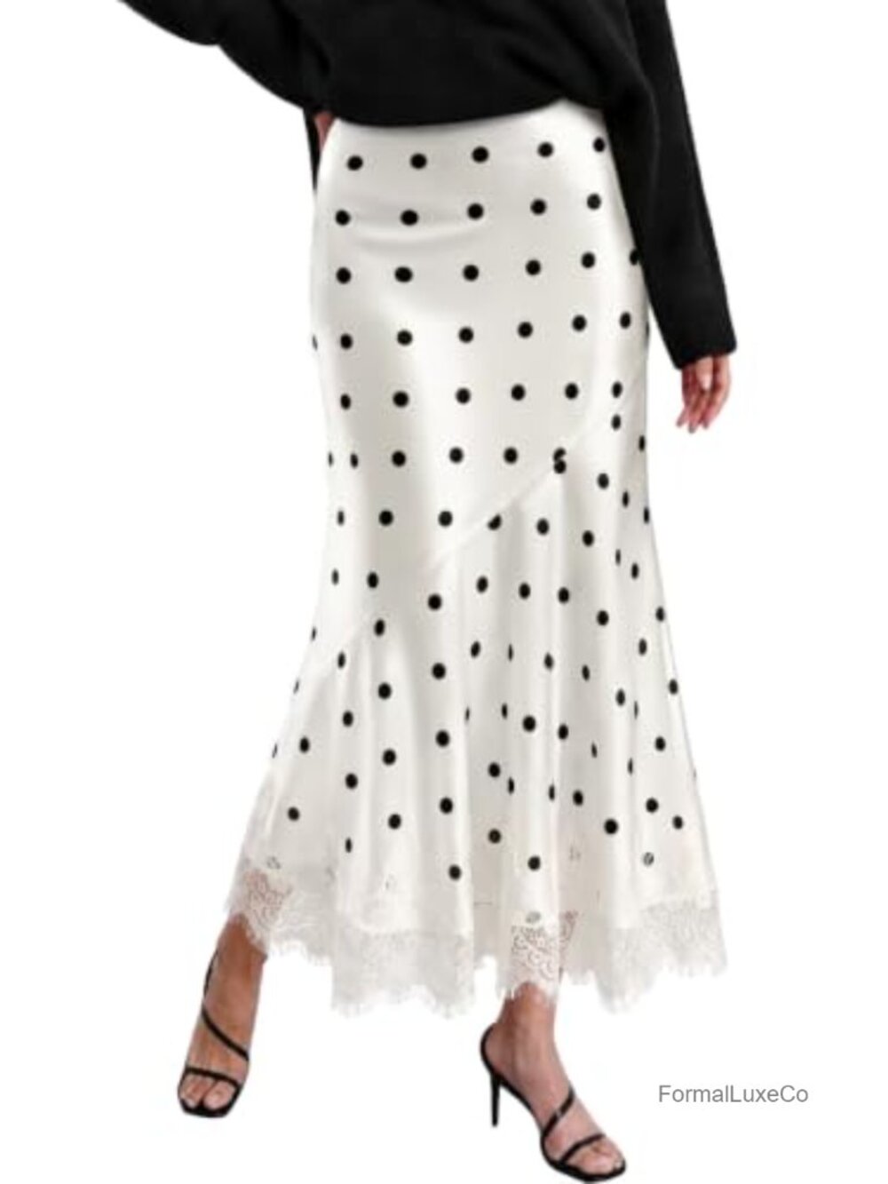 Satin Lace Trim Mermaid Maxi Skirt High Waist Polka Dot A-Line